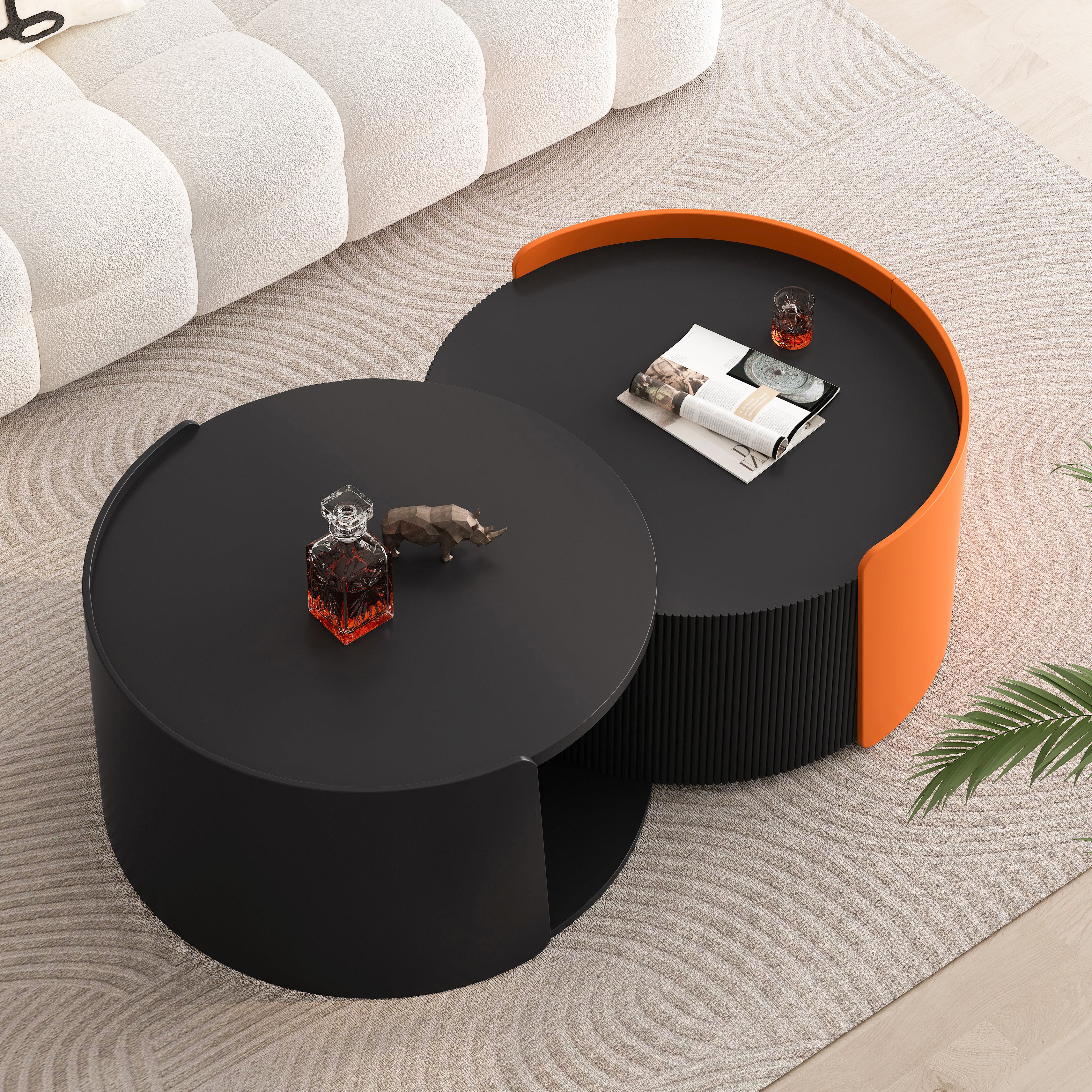 Mesa de Café Nidos, Mesas de Nido Redondas y Mesas Auxiliares para Espacios Pequeños, Mesas Laterales Modernas con Superficie Deslizante Extensible para Sala de Estar, Oficina, Negro, Sin Necesidad de Ensamblaje
