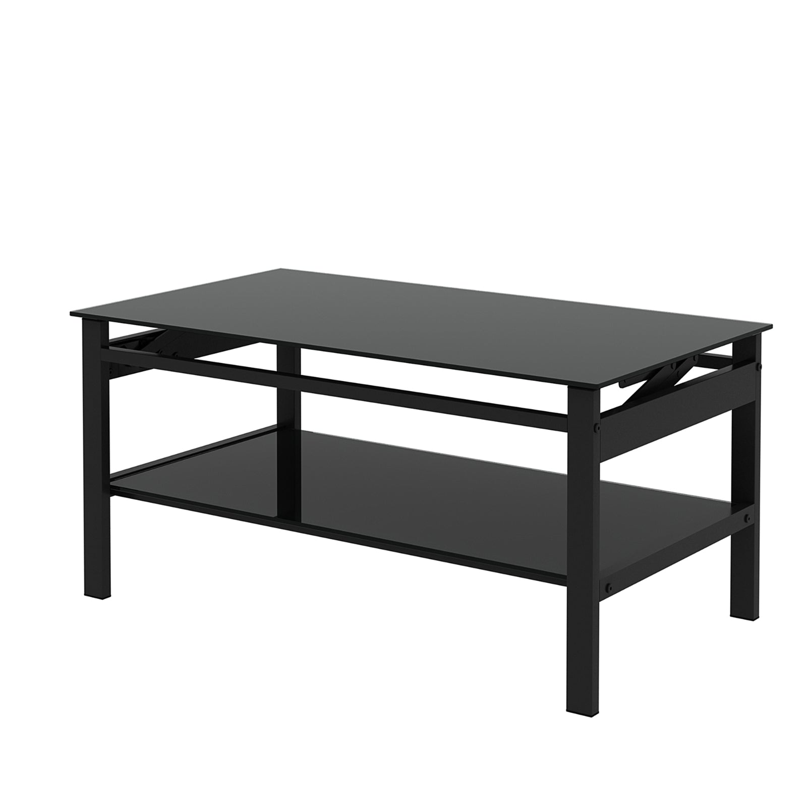 Mesa de Centro con Tapa Elevable de Vidrio, Vidrio Templado de 2 Capas, Moderna Simple, Negra