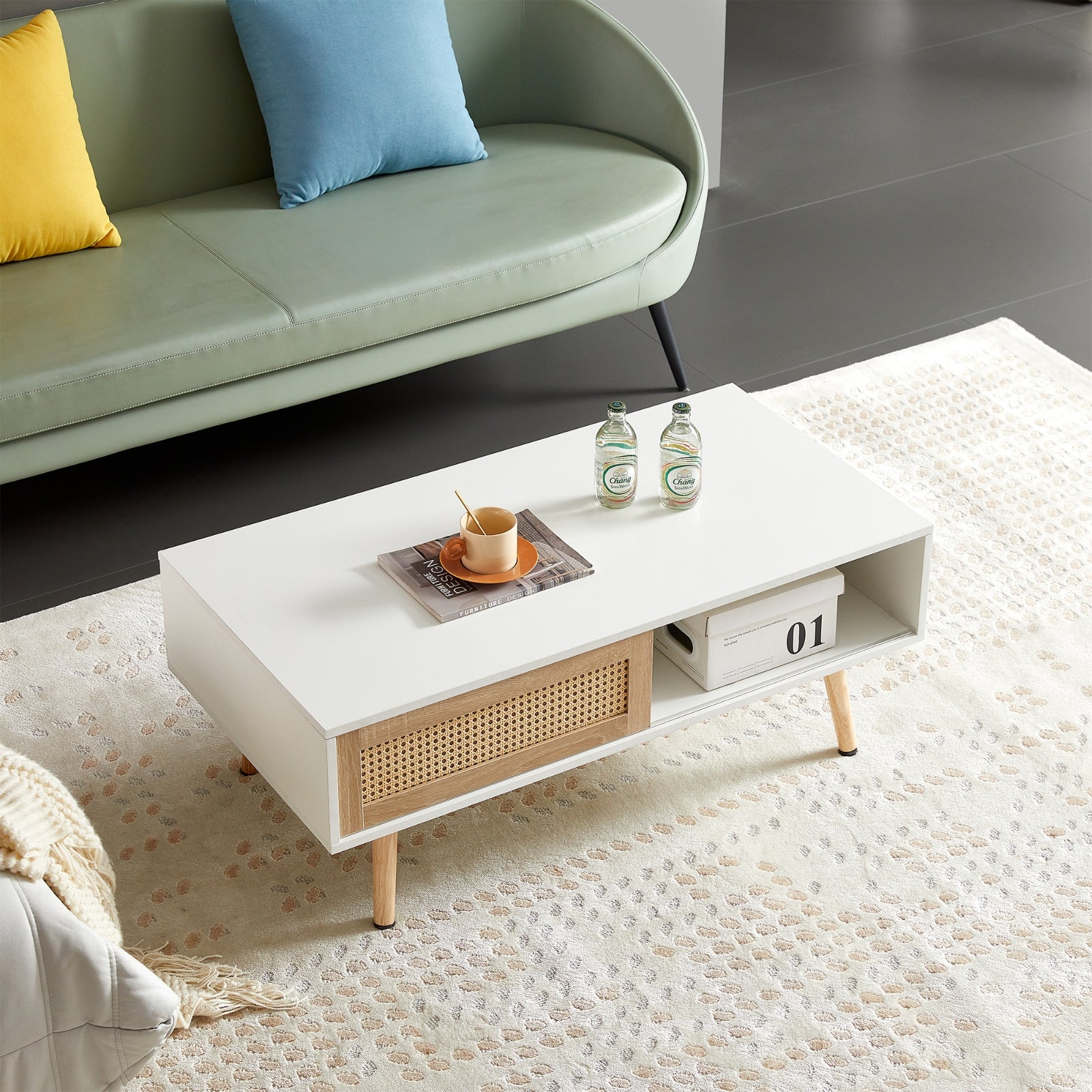 Mesa de Café de Ratán con Puerta Corredera y Patas de Madera Maciza - Sala de Estar Moderna