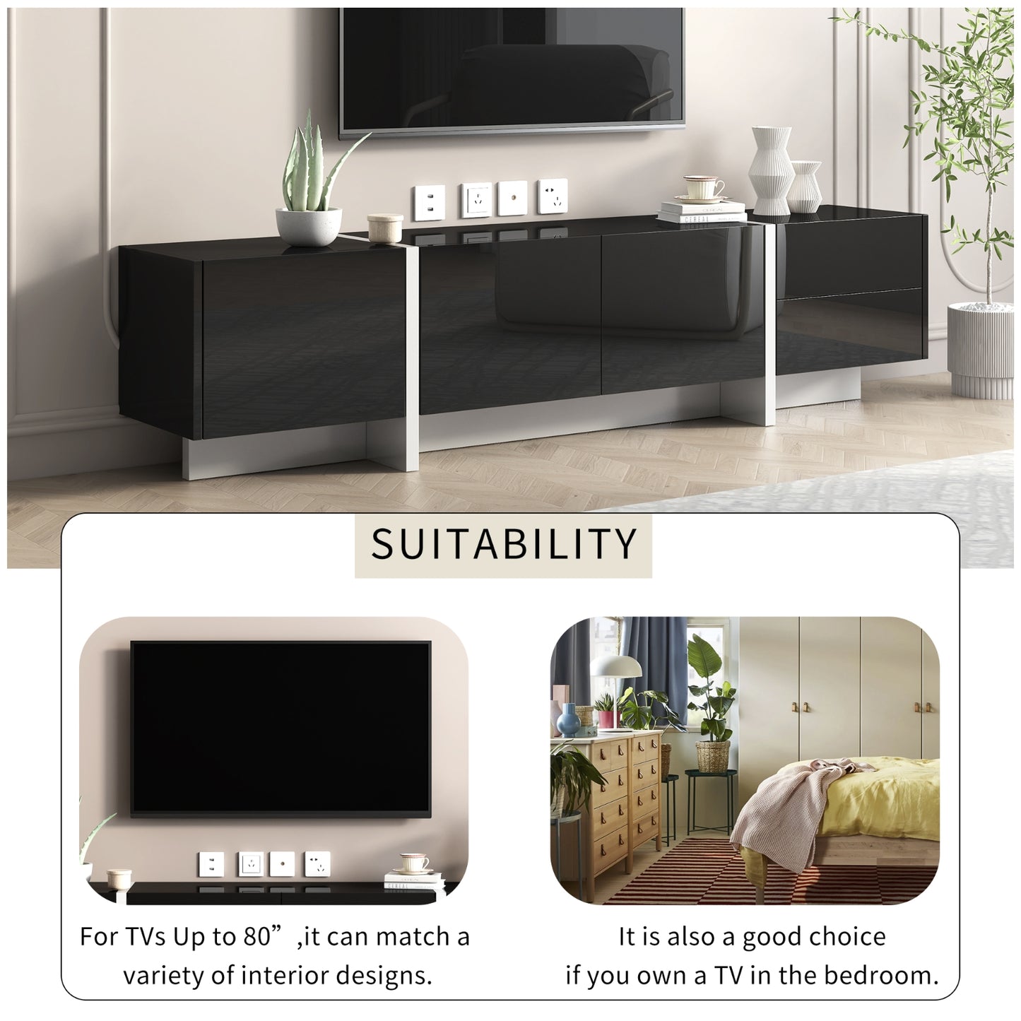 Contemporary White & Black TV Stand, Unique Style Console For TVs