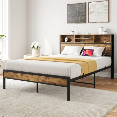 Estructura de Cama de Tamaño Completo con Cabecero de Almacenamiento, Cama Plataforma de Metal con Estación de Carga, Almacenamiento en Forma de Estantería, No Requiere Colchón de Muelles, Ensamblaje Fácil, Sin Ruido, Negro