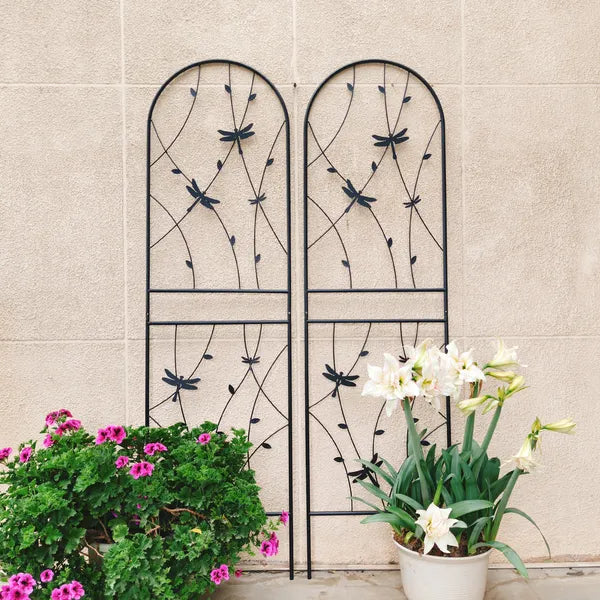 Pack de 2 Enrejados de Jardín Metálicos 71" x 19.7" Enrejado Resistente al Óxido para Plantas Trepadoras Soporte para Flores Exteriores Decoración de Libélula Negro