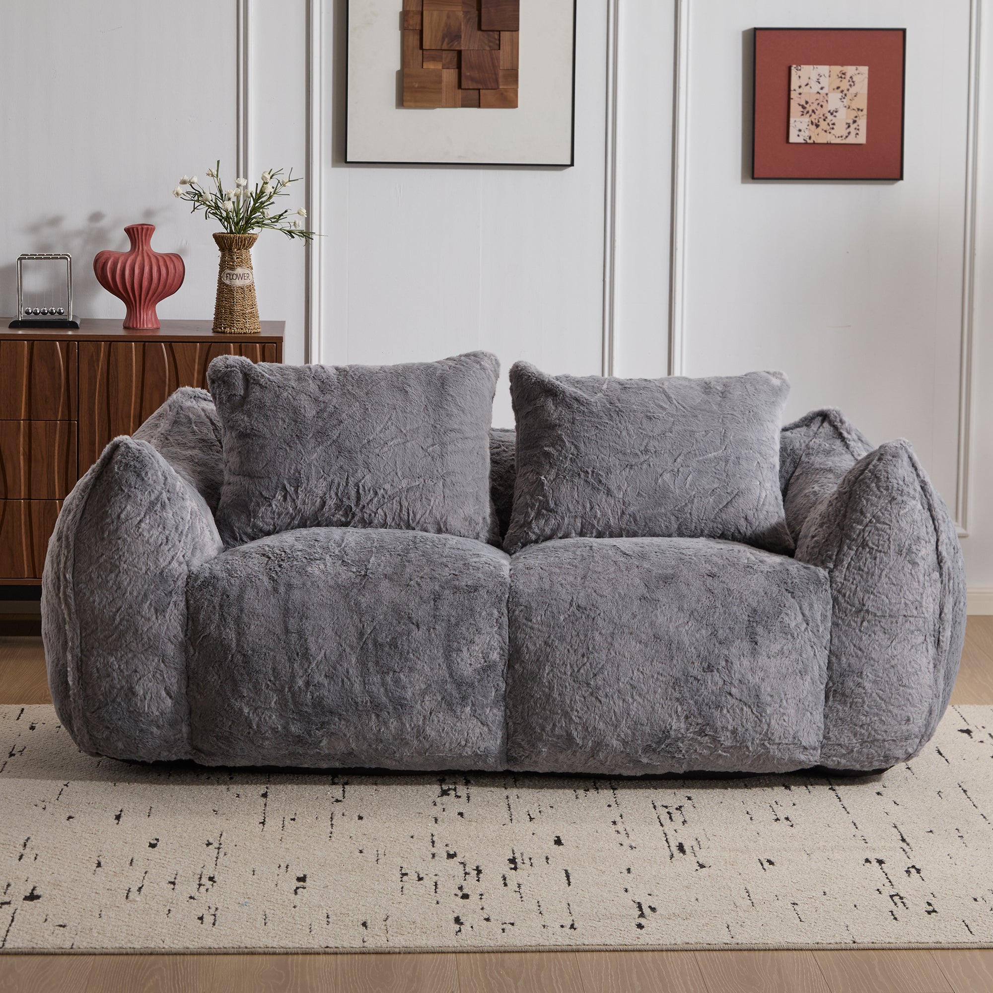 Sofá Gigante de Puf para Adultos, Sofá de Puf Loveseat Ultra Suave y Esponjoso, Silla de Reposo Oversized para Interiores en Sala de Estar o Dormitorio, No Requiere Ensamblaje Silla de Lectura Acogedora con Almohadas, Gris
