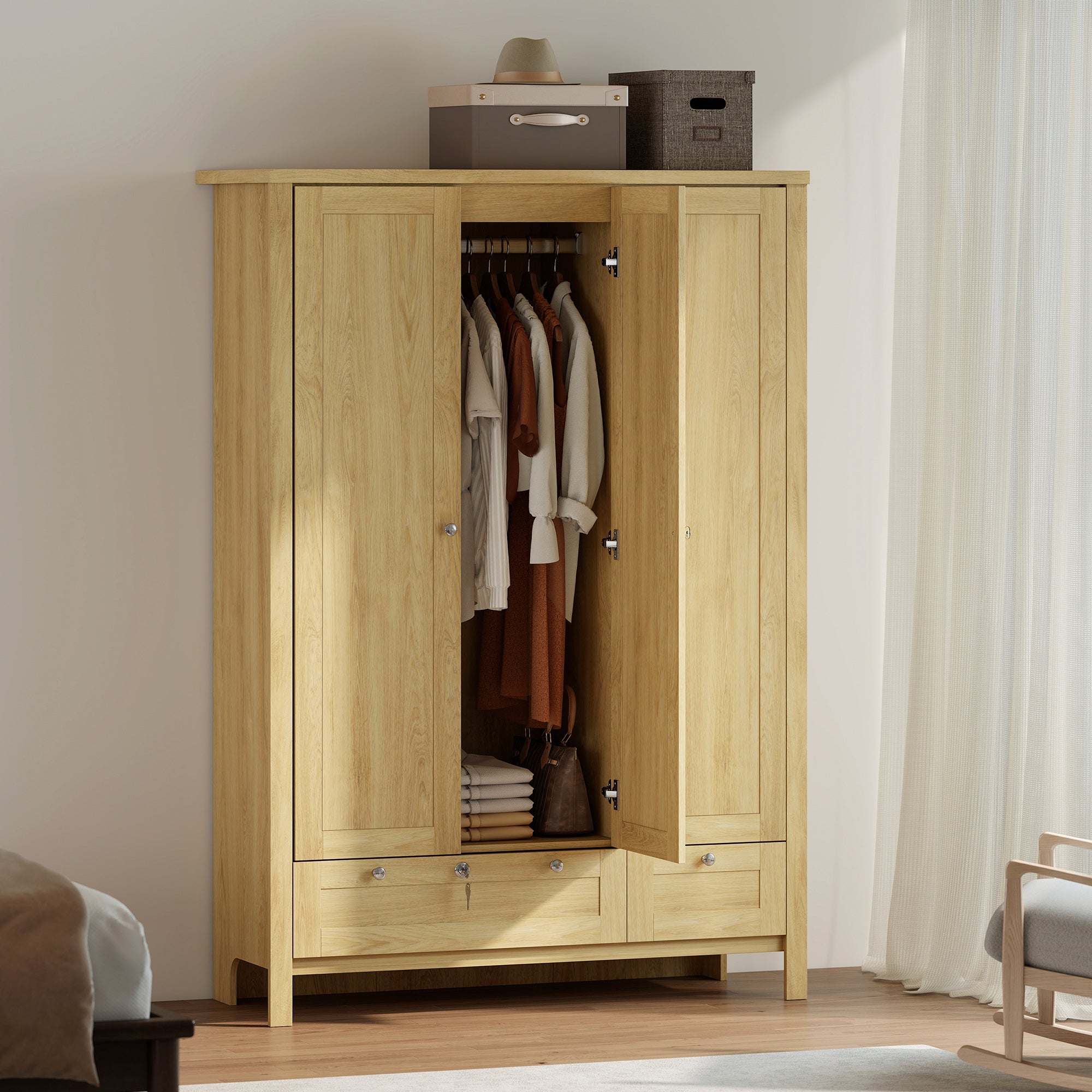 Wardrobe Closet 3 Doors 2 Drawers Modern Bedroom