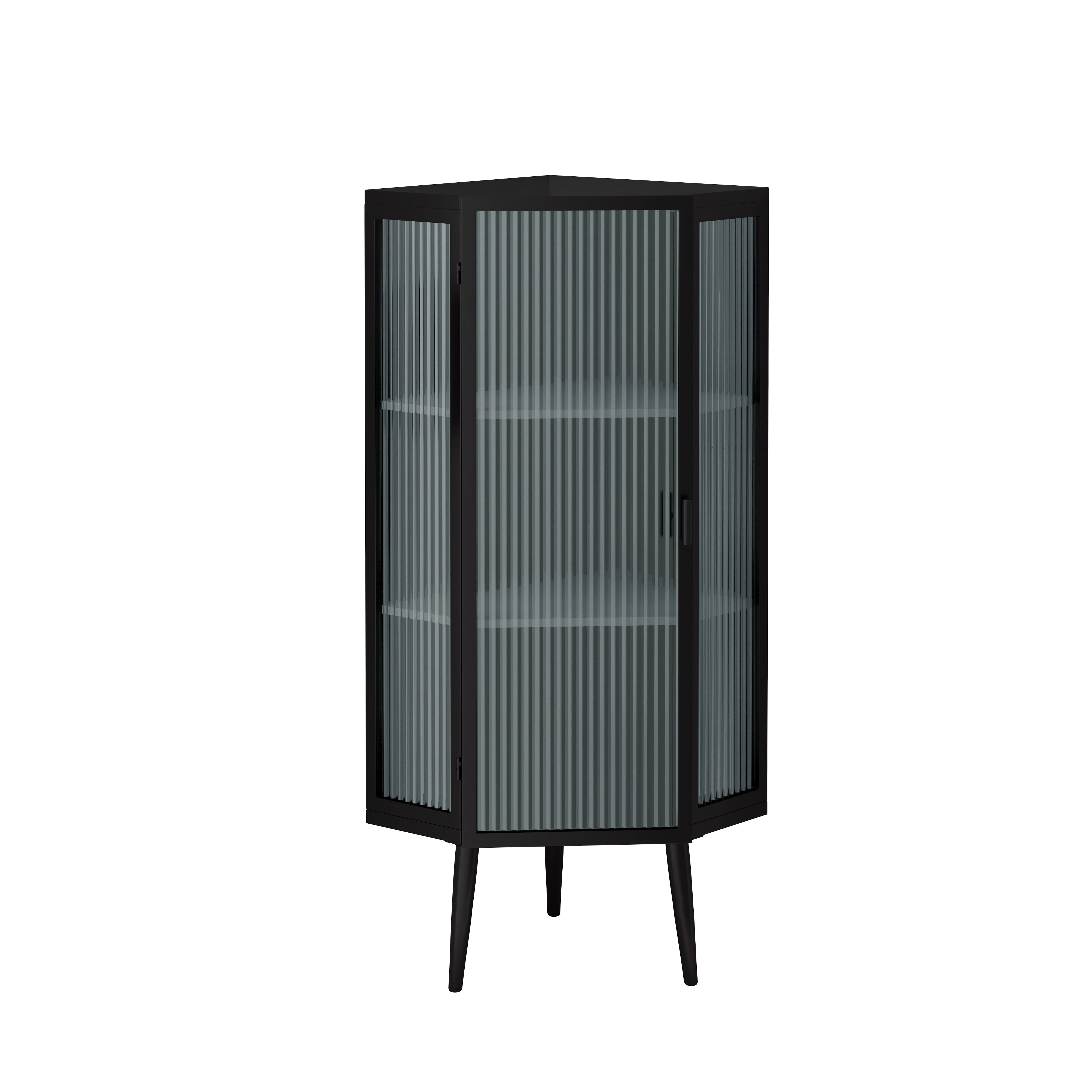 Gabinete de Esquina para Piso de 22.25'', Tres Niveles con Puertas de Vidrio Templado y Estantes de Almacenamiento para Baño, Sala de Estar y Dormitorio Negro