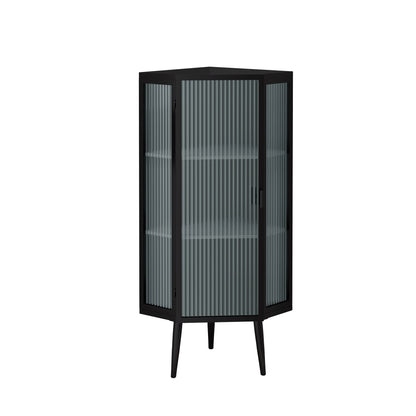 22.25'' Floor Coner Cabinet,Three Tiers With Tempered Glass Doors And Storage Shelves For Bathroom, Living Room And Bedroom Black