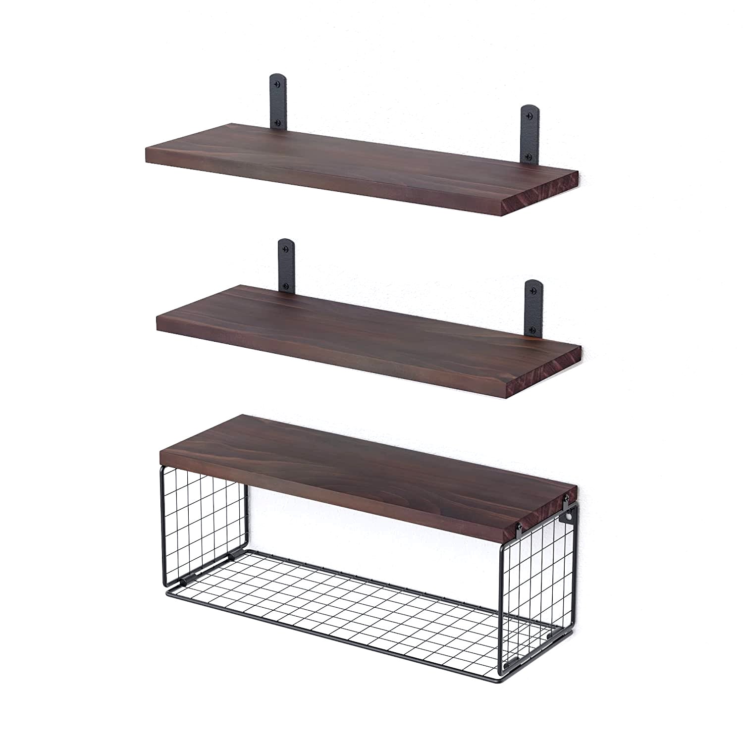 Estanterías Flotantes 2 en 1 Montadas en la Pared con Cesta de Almacenamiento Estanterías para Baño Estanterías sobre el Inodoro Estanterías de Madera para Dormitorio Sala de Estar Cocina Oficina Decoración de Pared para Plantas