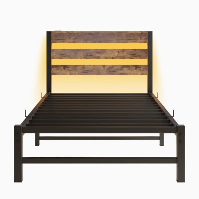 Estructura de Cama Tamaño Individual Marco de Cama Plataforma de Uso Intensivo con Cabecero, Estación de Carga USB, Cama con Luces LED, No Se Requiere Resorte de Caja, Base para Colchón, Listones de Acero Resistentes, Sin Ruido, Marrón