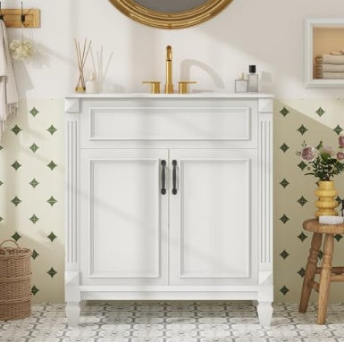 Un Mueble de Baño Moderno con una Pileta de Cerámica y un Armario de Almacenaje de Baño Independiente con un Conjunto Combinado de Lavabo