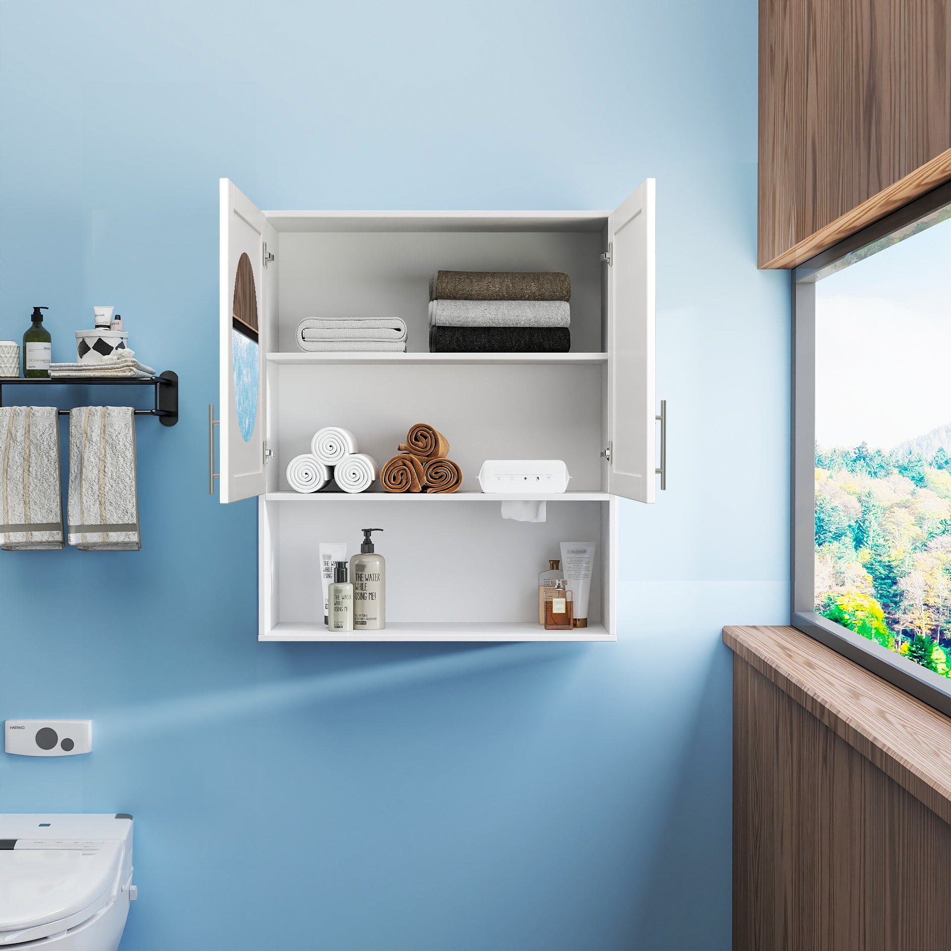 Badezimmerspiegelschrank - Zweitüriger Wand-Schrank Badezimmer-Waschbecken-Spiegelschrank mit Fach für Gesichtstücher und multifunktionalem Stauraumbereich