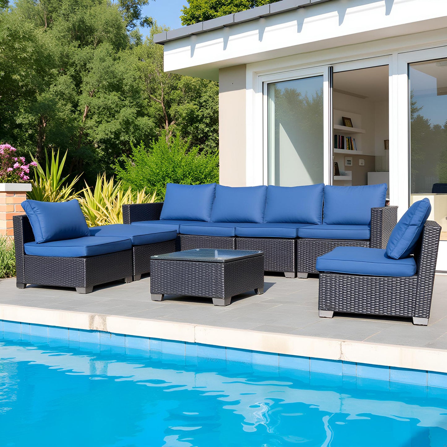 Seven-Piece Sofa Set Table With Sofa Chair Black PE Rattan Outdoor Furniture 7-JH001 Box 3-1-2-3 With Blue Color Cushion