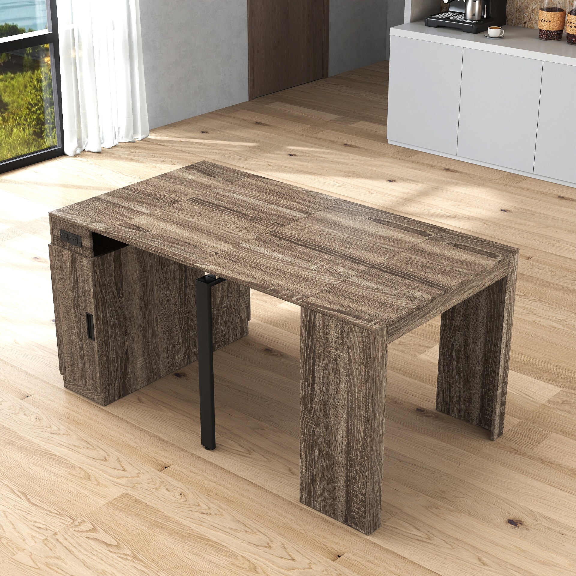 Mesa de Comedor Moderna Multifuncional Extensible con Toma de Corriente, Mesa Expandible Ahorraespacio con Almacenamiento para Fiestas, Bodas, Reuniones, Celebraciones
