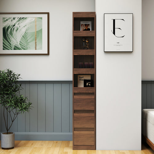 Gabinete de Almacenamiento para Pantalla de 70.87 H, Estantería de 4 Niveles, 3 Cajones Laterales y 4 Estantes de Exhibición Pequeños, Estantería Alta Moderna de Madera para Libros para Sala de Estar o Oficina en Casa