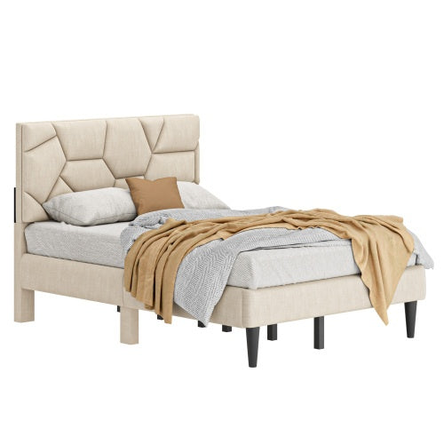 Beige Linen Storage Bed Rubber Wood Frame