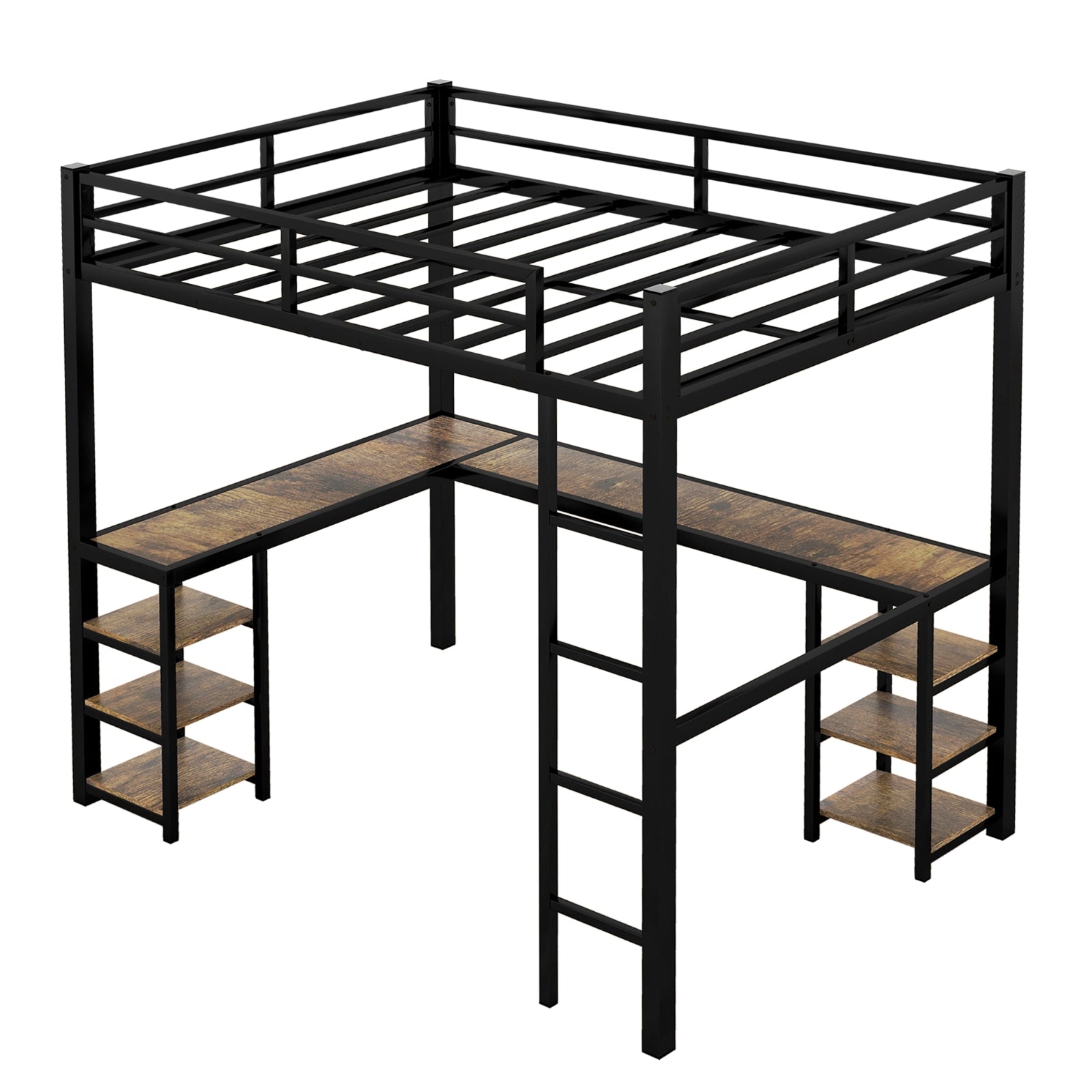 Vollmetall-Hochbett mit Schreibtisch und Regalen, Hochbett mit Leiter und Geländern, Hochbett-Rahmen für B