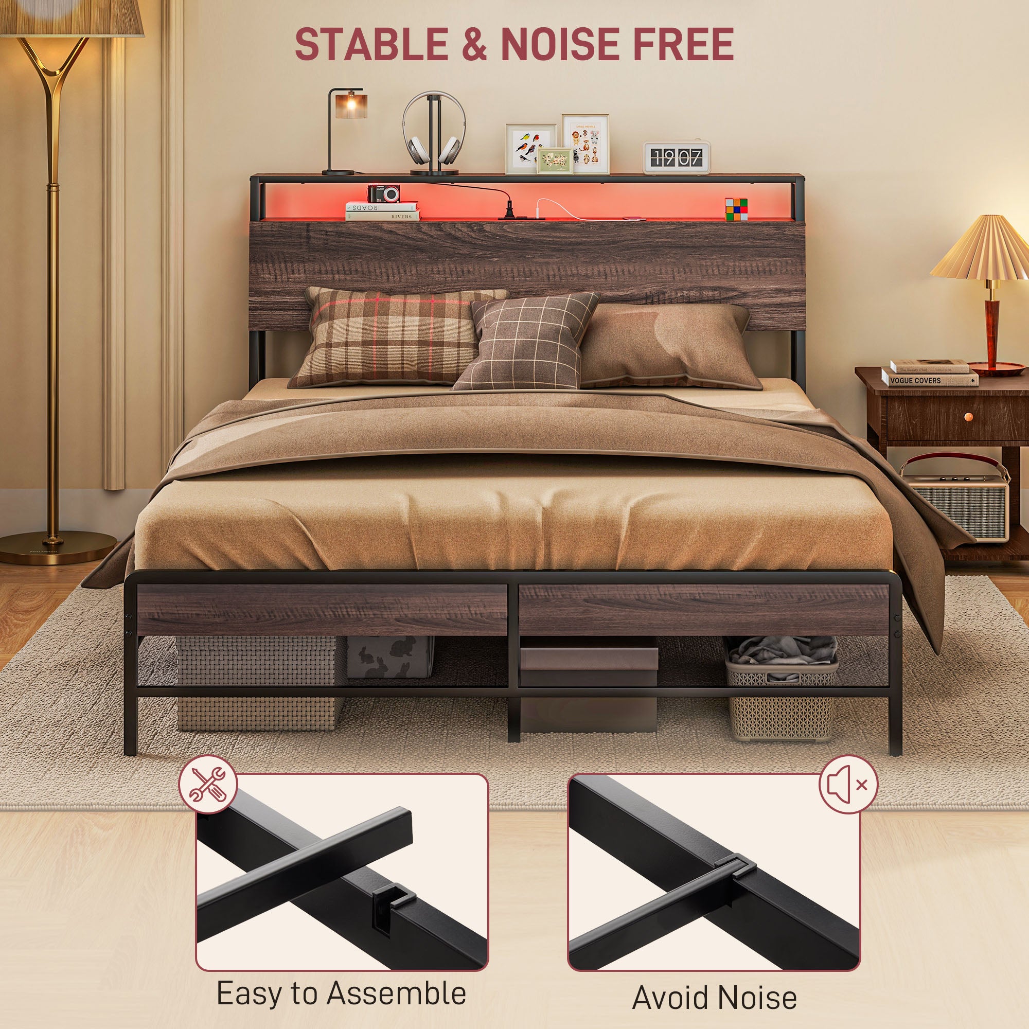 Queen-Size-Bettgestell mit LED-Beleuchtung und Ladestation