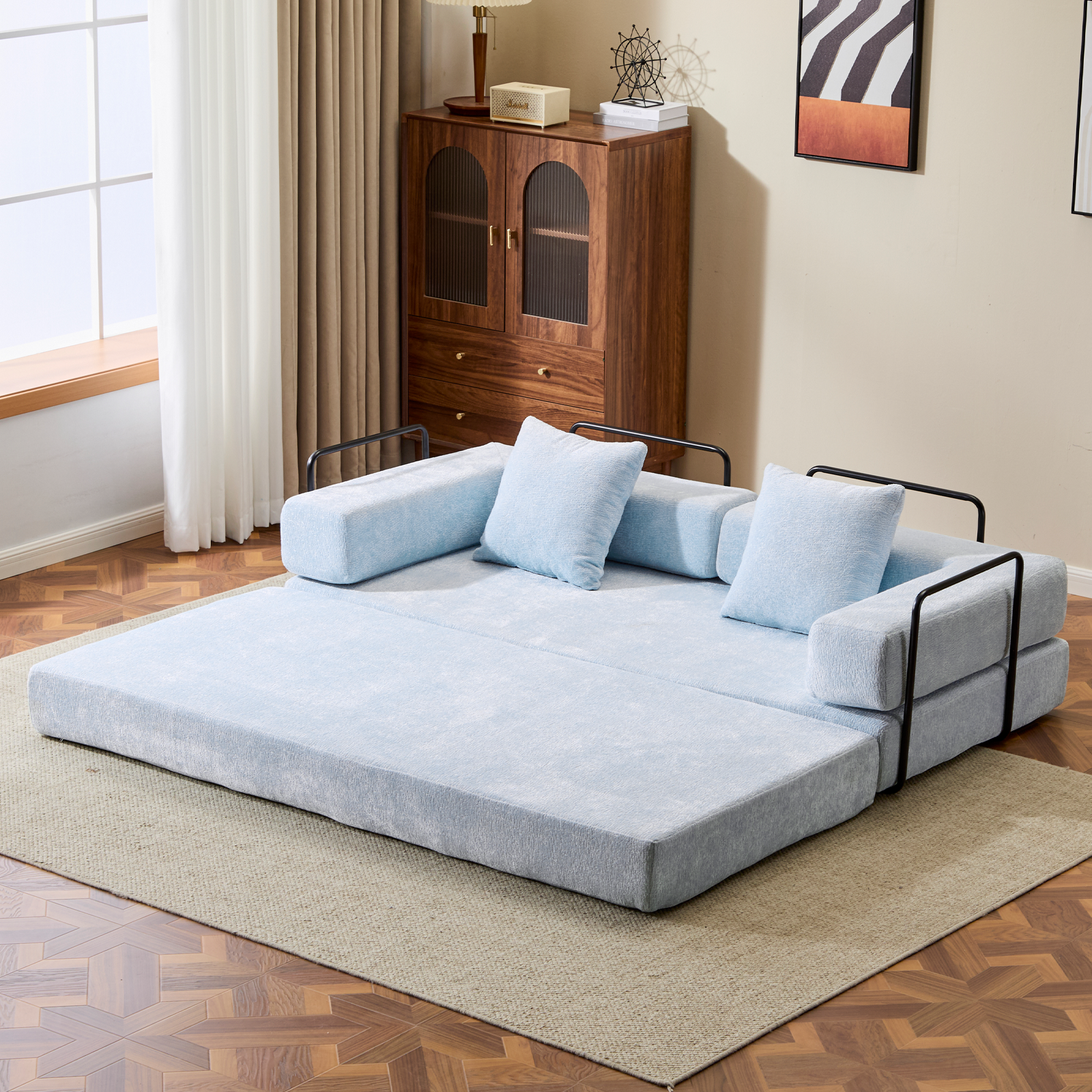 Sofá de Suelo, Sofá con Compresión, Sofá Cama Convertible de Suelo - con Soporte para la Espalda de Almohada y Reposabrazos, Sofá Futón Cómodo para Descanso y Cama para Dormir, Tela de Chenilla, para Sala de Estar y Dormitorio AZUL CLARO