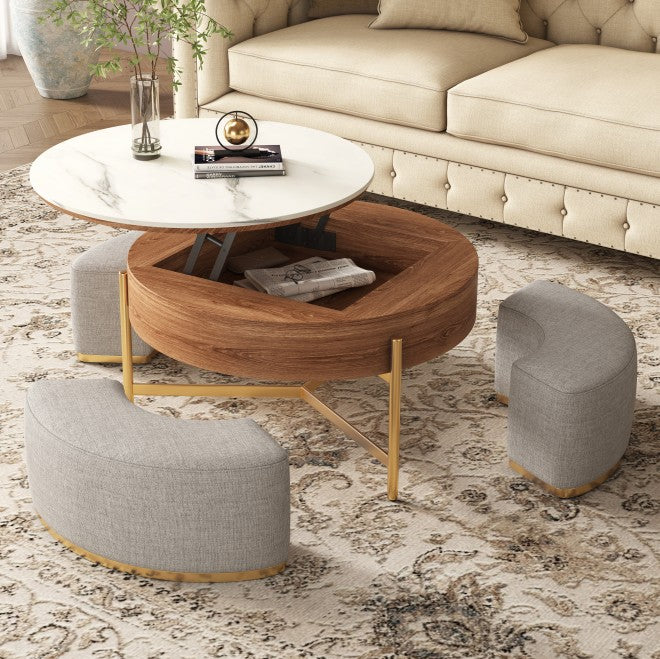 Mesa de Centro con Carga Superior Extensible de 3 Patas Apilable con Almacenamiento Incluye 3 Taburetes