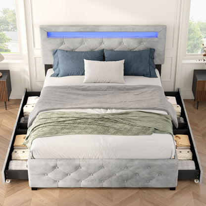 Upholstered Platform Storage Bed Frame With 4 Drawers And LED Light,No Box Spring Needed