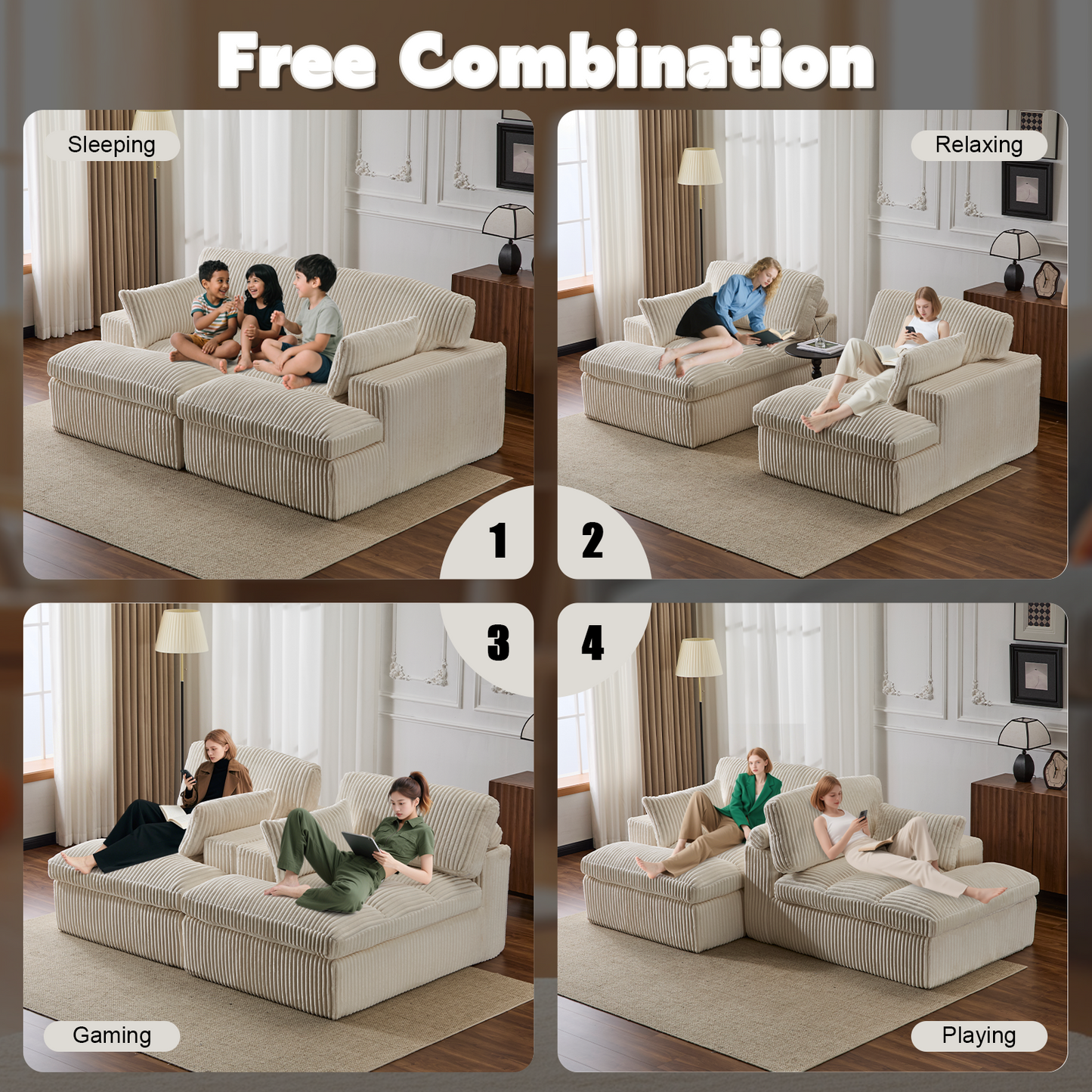 Double Chaise Lounge Chair Indoor,Oversized Upholstered Sleeper Cloud Couch,Deep Seat Luxury Sofa Bed,Sectional Sofa Chaise Love-seat,Corduroy Reading Chair For Living Room,No Assembly Required,White