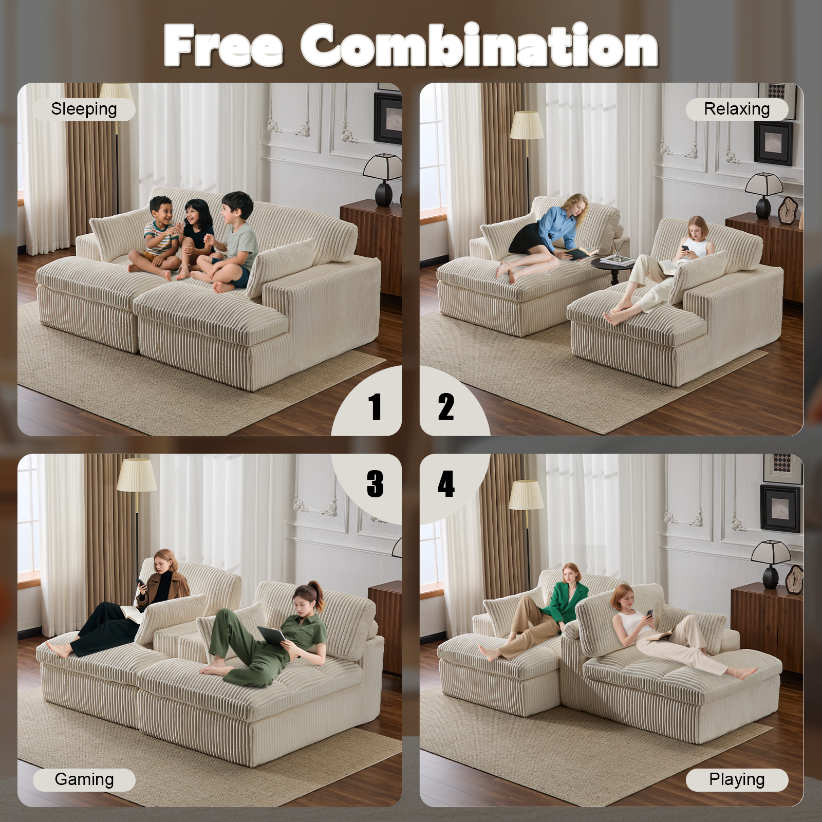 Silla de Chaise Lounge Doble para Interiores, Sofá Nube Oversized Tapizado, Cama de Sofá de Lujo con Asiento Profundo, Sofá Seccional Chaise Loveseat, Silla de Lectura de Corduroy para Sala de Estar, Sin Ensamblaje Requerido, Blanco