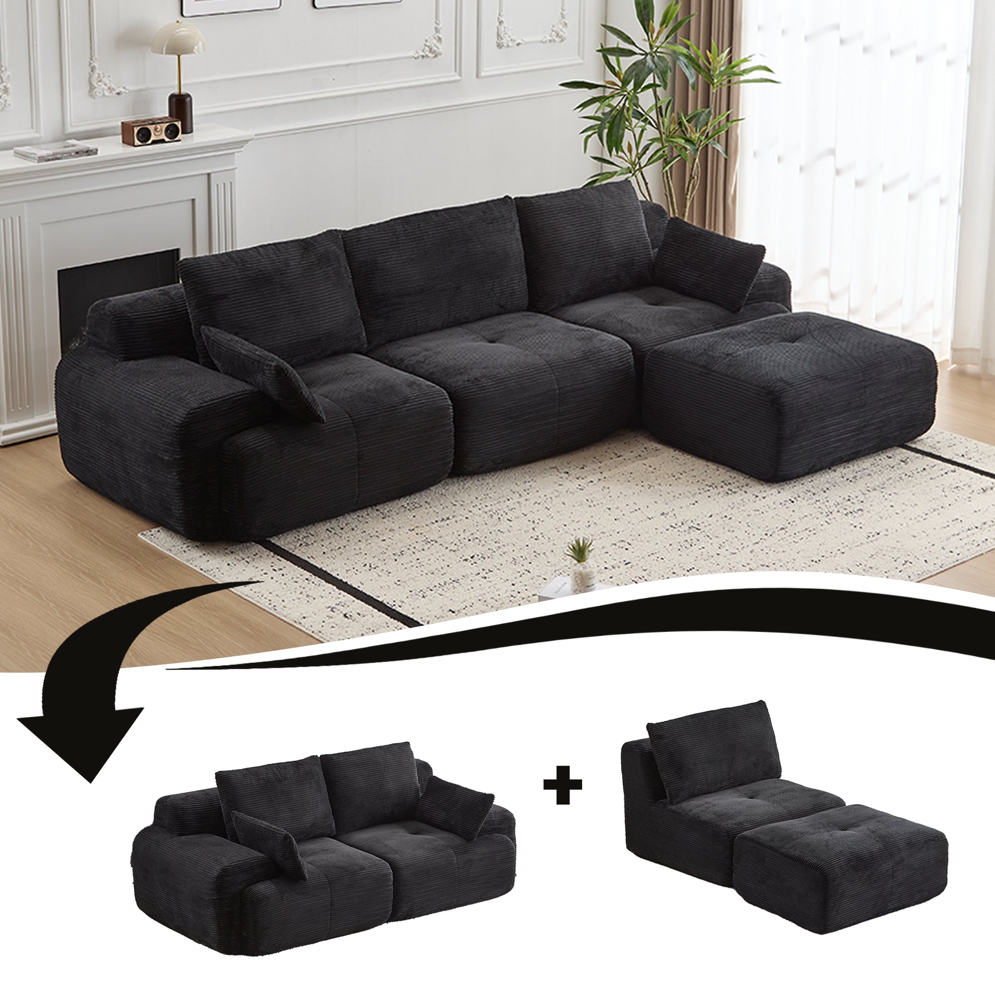 Black Corduroy Sectional Sofa Memory Foam Cushions