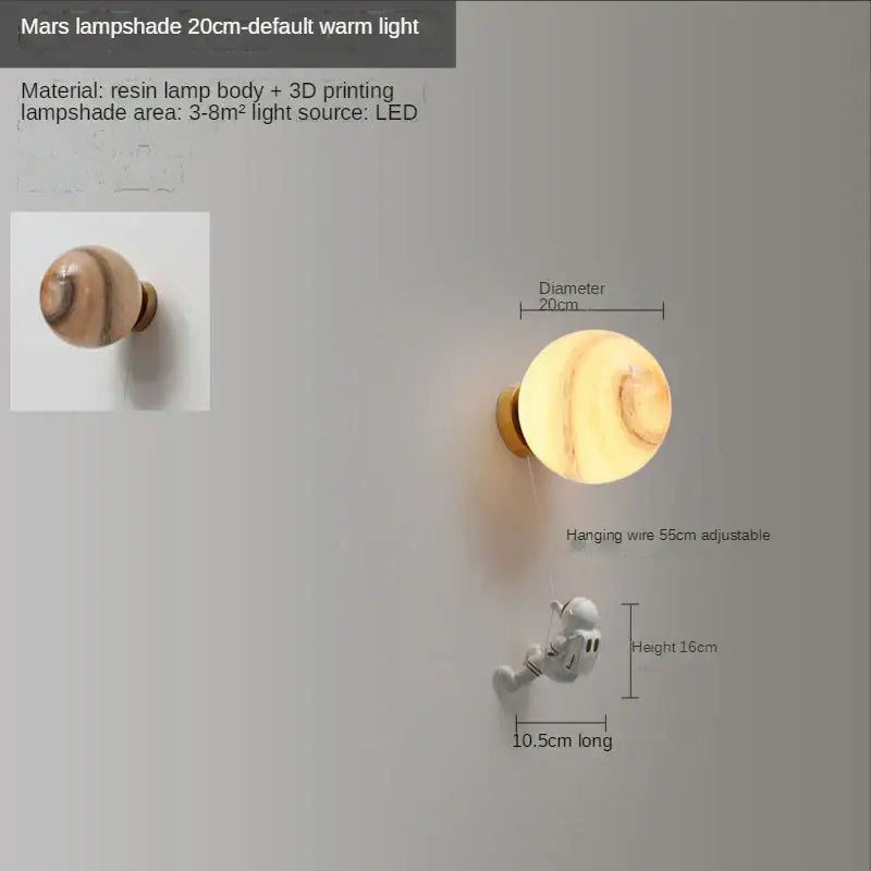 A 20cm resin mars lampshade 3d printed decorbites astronaut moon wall lamp with warm led light for kids bedroom