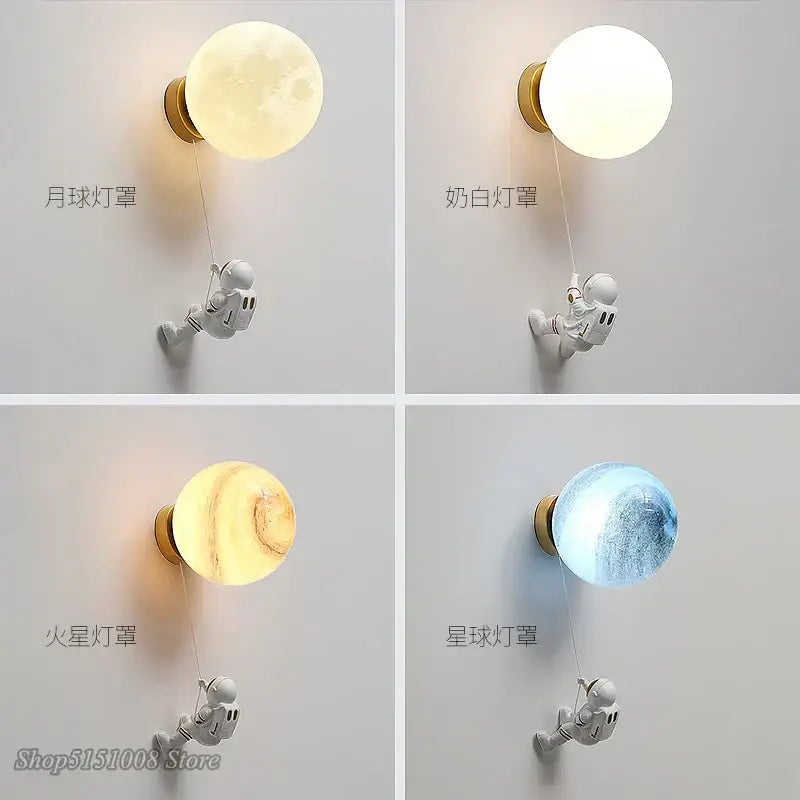 Cute white decorbites astronaut moon wall lamp with spherical planet lamp in moon milk-white mars and star colors for kids bedroom