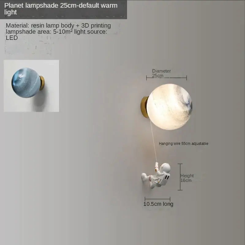 Spherical resin decorbites astronaut moon wall lamp with 3d printed surface and hanging astronaut figurine for kids bedroom