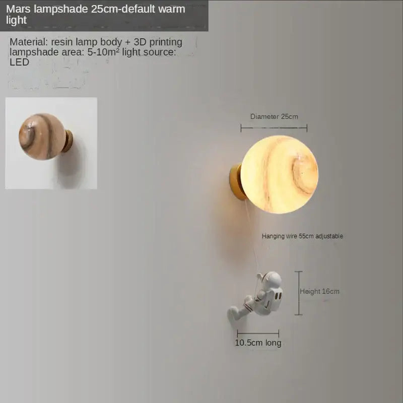 Warm-toned resin wall lamp with 3d-printed mars-themed shade and wooden base decorbites astronaut moon design