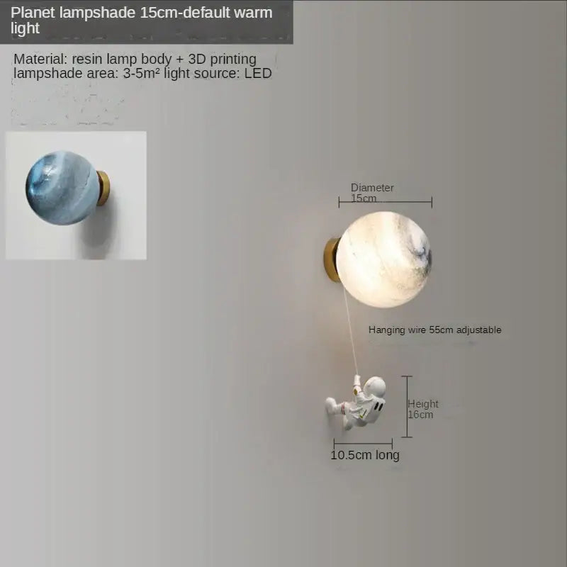 Whimsical resin wall lamp with a 3d-printed blue and white swirling moon surface mounted by decorbites astronaut moon