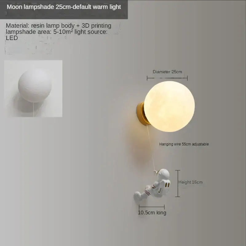 A white resin wall lamp with a 3d printed astronaut hanging below an adjustable led decorbites astronaut moon lamp