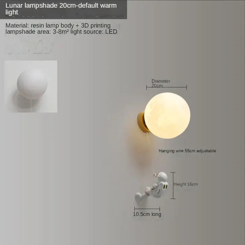 White resin moon wall lamp with 3d-printed astronaut figure and led warm light for kids bedroom decorbites astronaut moon