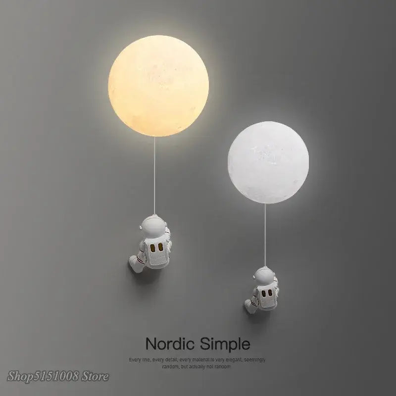 White astronaut moon wall lamp with warm yellow and cool white glowing spherical lamps for kids bedroom decorbites astronaut moon