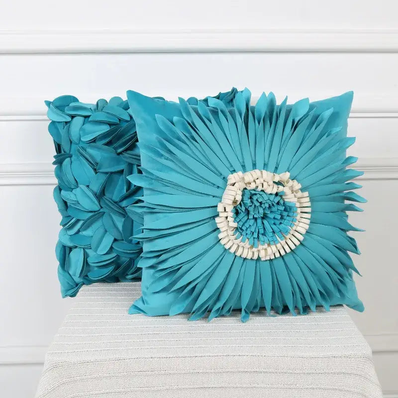Vibrant turquoise velvet cushion cover with ruffled blue floral petals and cream bead embellishment for decorbites 3d blue decor