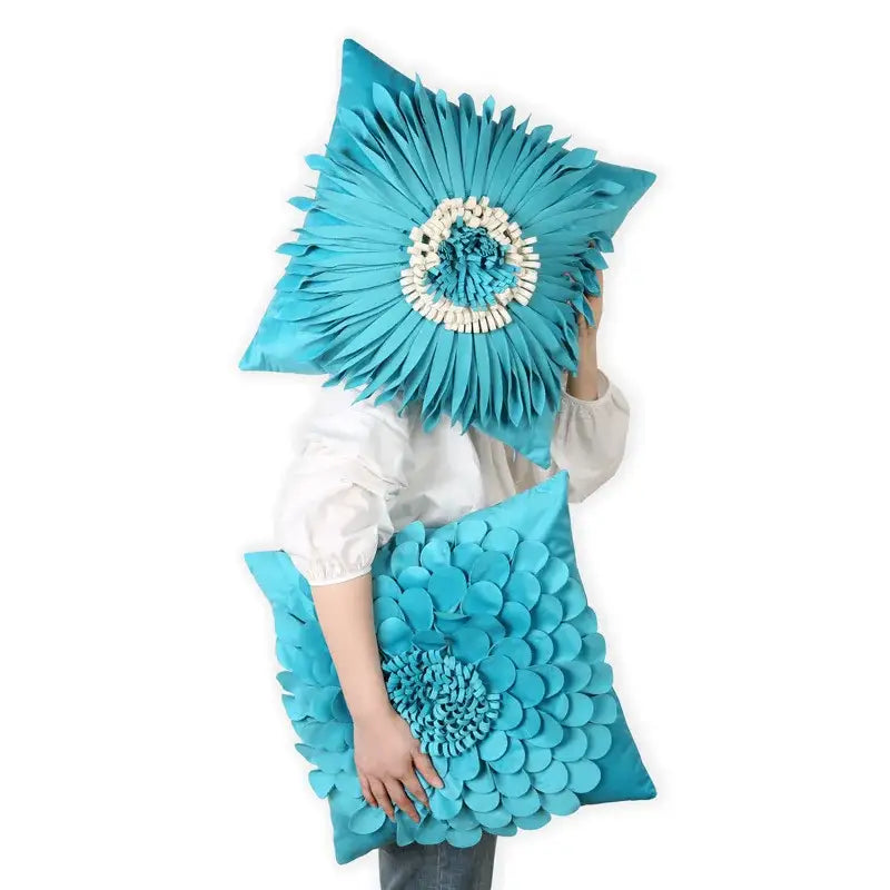 A vibrant turquoise blue floral velvet cushion cover with 3d petal design for living room decorbites 3d blue pillowcase