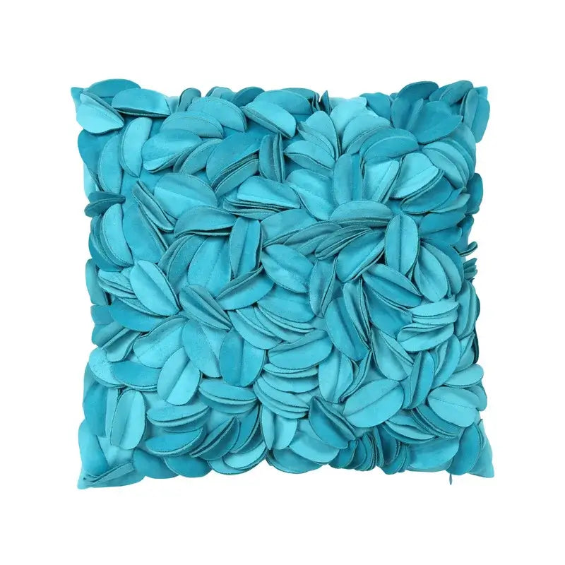 Turquoise velvet cushion cover with layered 3d leaf appliqués for blue floral decorbites 3d blue living room use