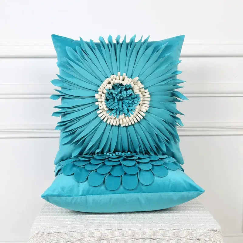 Turquoise velvet cushion cover with 3d blue floral sunburst design and cream bead embellishment for living room decorbites 3d blue