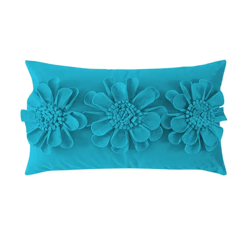 Turquoise velvet cushion cover with three 3d blue floral fabric flowers decorbites 3d blue daisy pillowcase