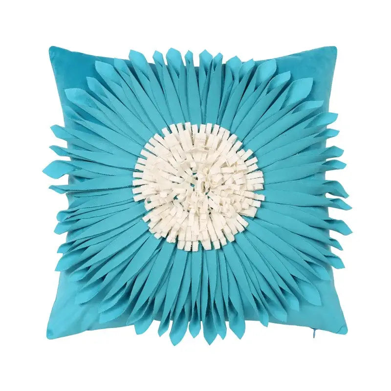 Turquoise velvet cushion cover with 3d blue floral sunburst daisy design and layered fabric petals by decorbites