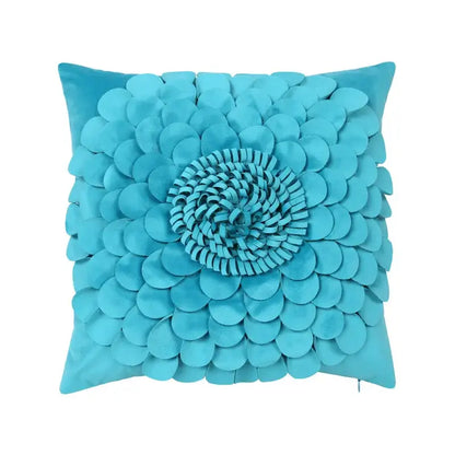 Turquoise velvet cushion cover with blue floral 3d layered petals for decorbites 3d blue living room decor