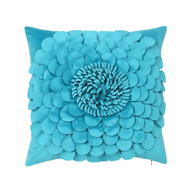 Turquoise velvet cushion cover with blue floral 3d layered petals for decorbites 3d blue living room decor