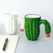 Green cactus style ceramic mug with white polka dots and red fruit-like handle ends by decorbites 3d cactus