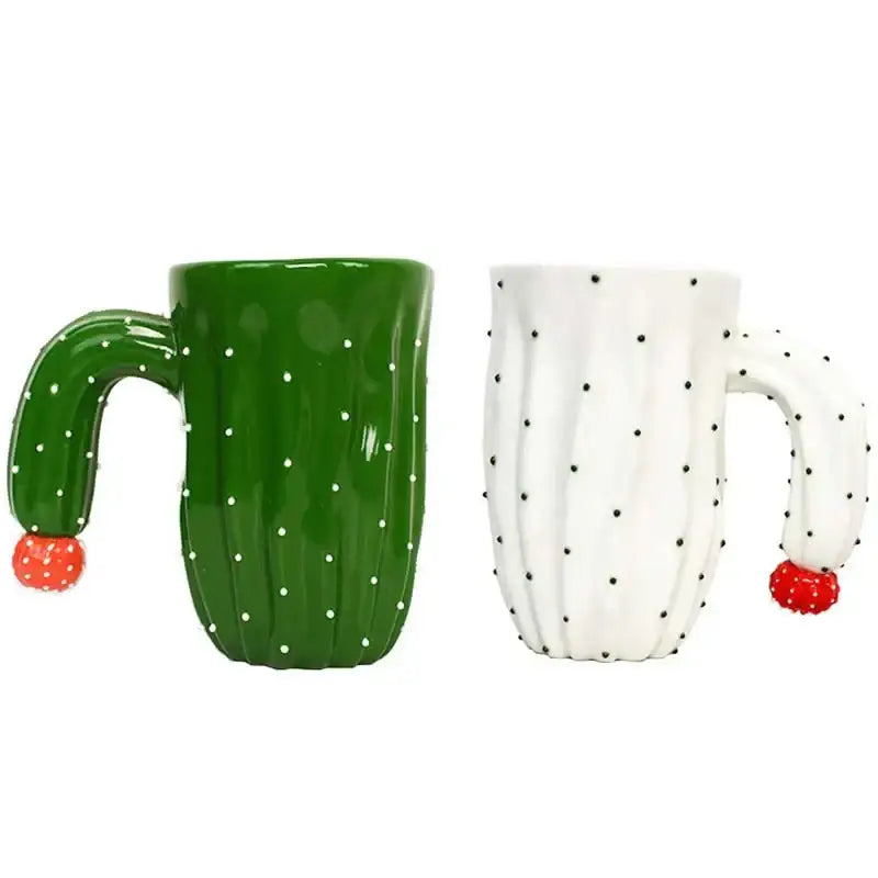 A green and white decorbites 3d cactus style ceramic mug with a dotted handle shaped like a prickly stem topped with a red berry