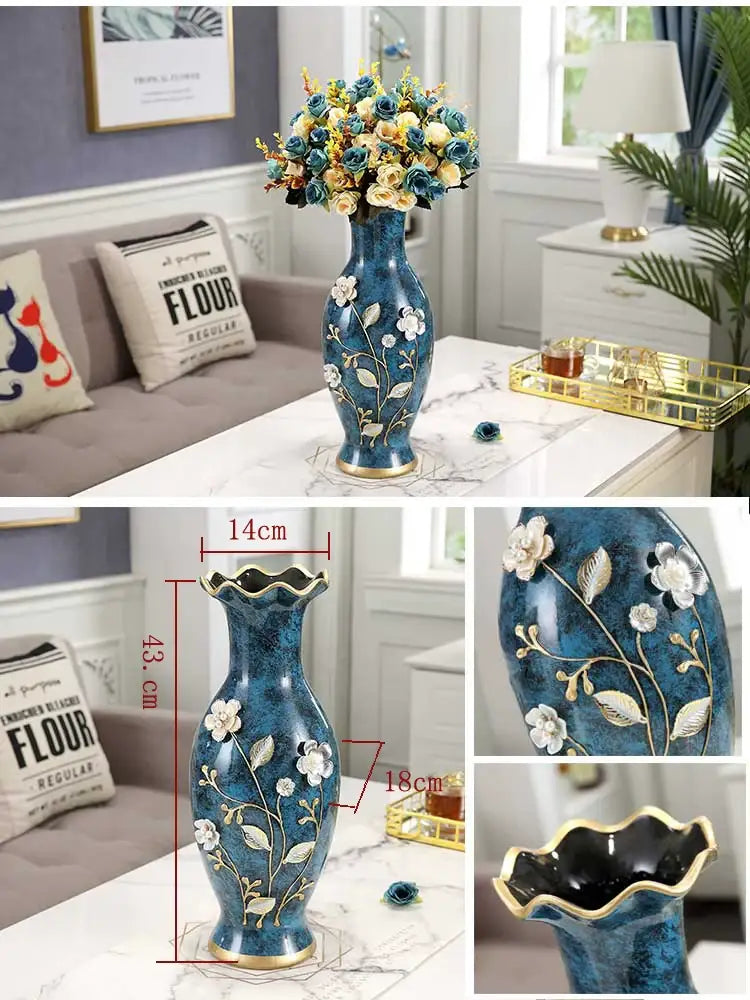 Deep blue ceramic vase with white and gold floral embellishments and fluted rim for dried flowers wobble plate design