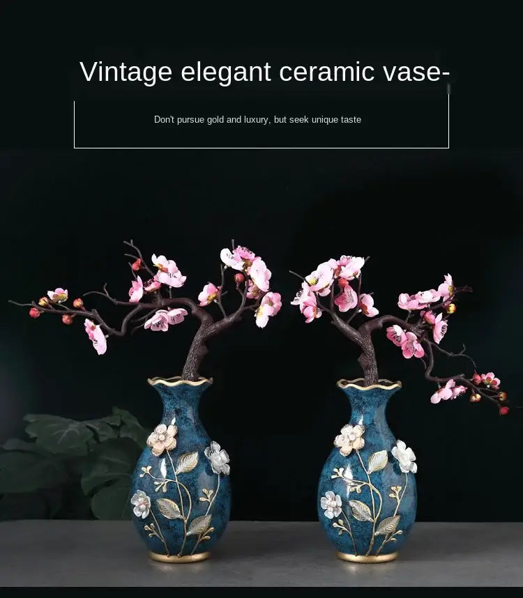Vintage elegant ceramic vase with deep blue glaze and gold-trimmed floral details for dried flowers and wobble plate use
