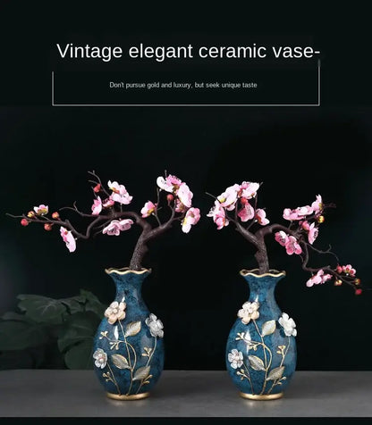 Vintage elegant ceramic vase with deep blue glaze and gold-trimmed floral details for dried flowers and wobble plate use
