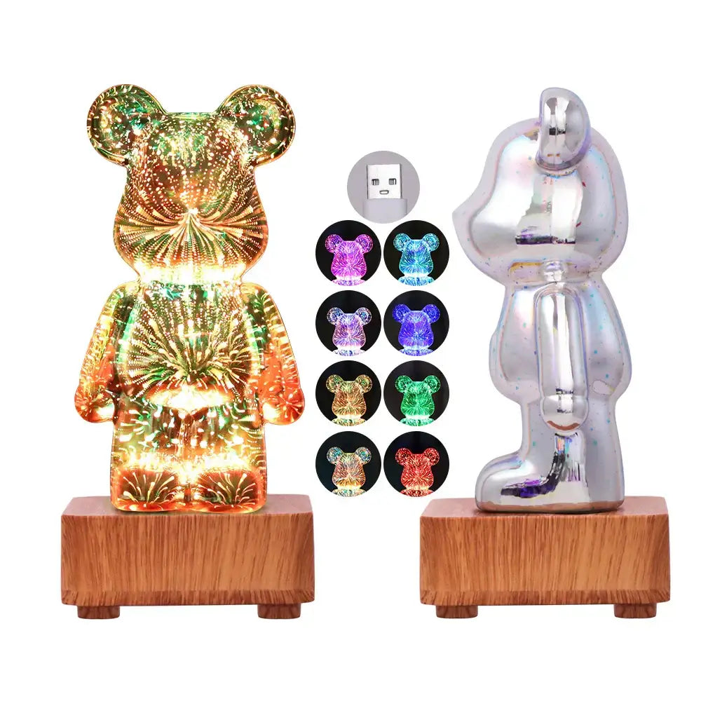 Illuminated metallic 3d firework bear night light with glittering multi-colored led display for bedroom use