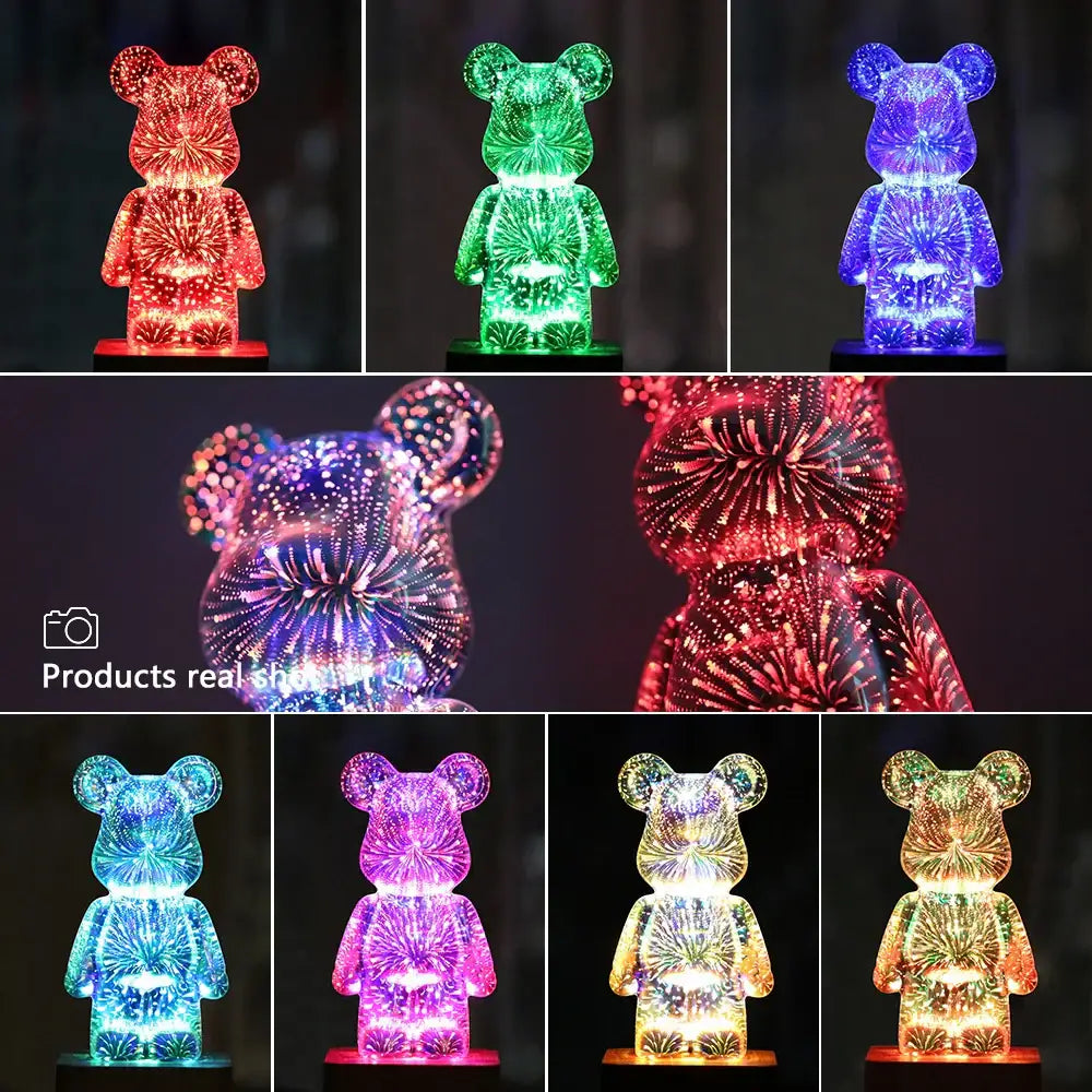 A translucent illuminated bear night light with a sparkling firework pattern inside color changing led lamp