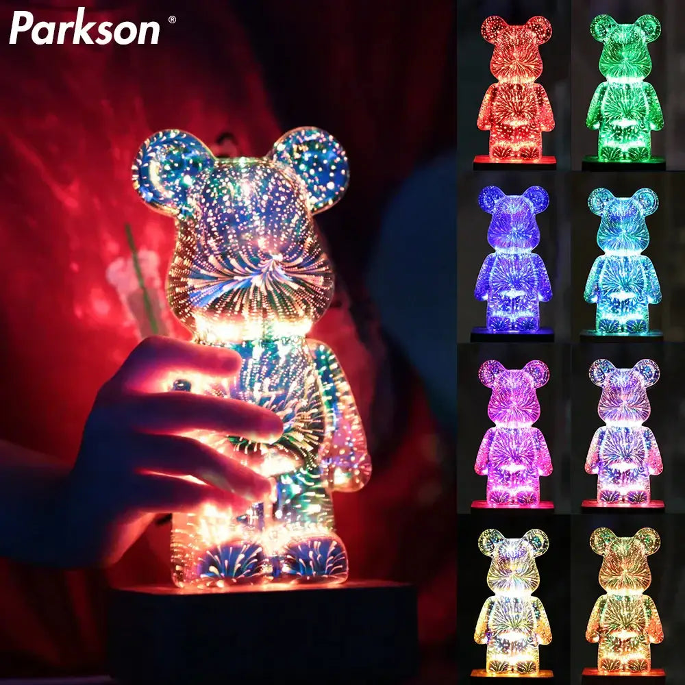A glowing translucent firework bear night light with sparkling starburst pattern and color options including blue red green purple and yellow